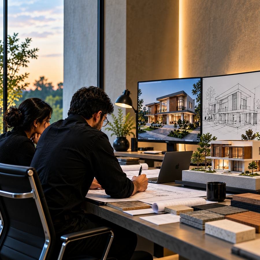 Architects reviewing a 3D building render and physical model