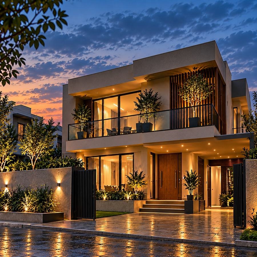 Completed turnkey residential villa, evening exterior