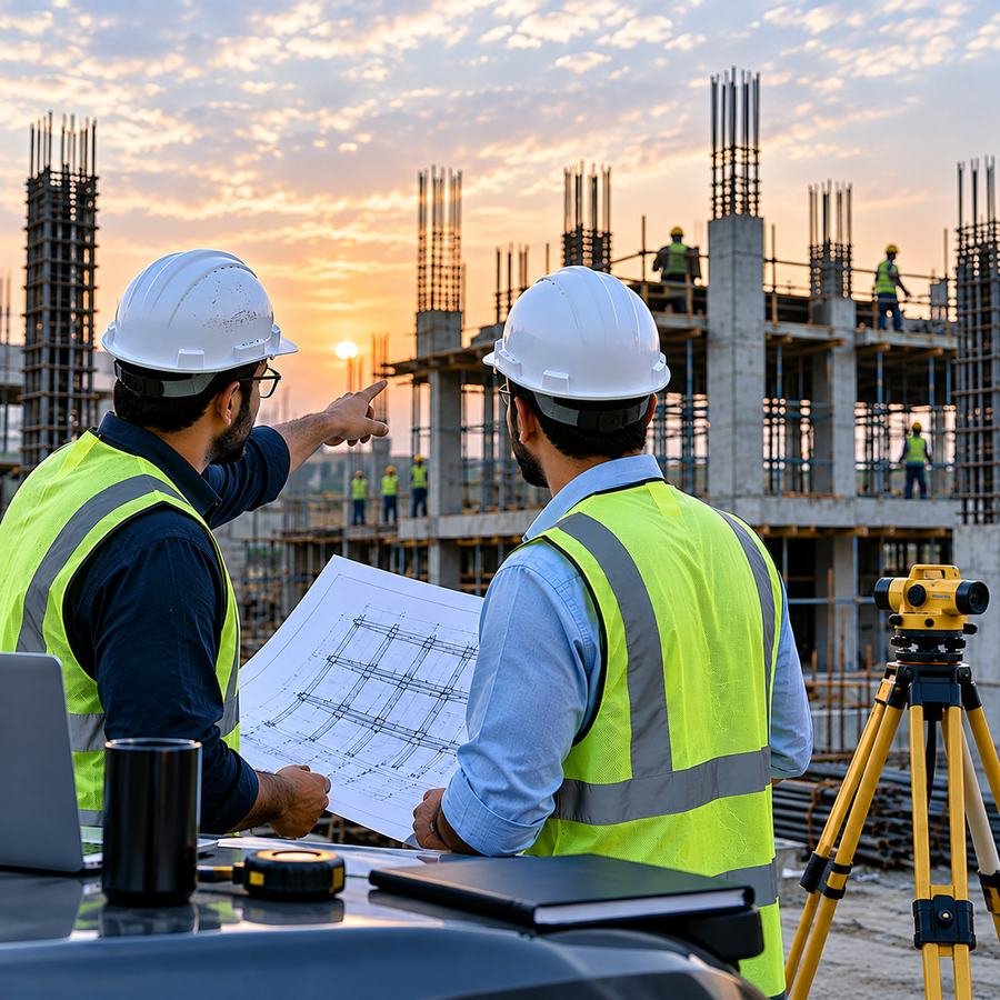 Structural engineers reviewing drawings on an active construction site