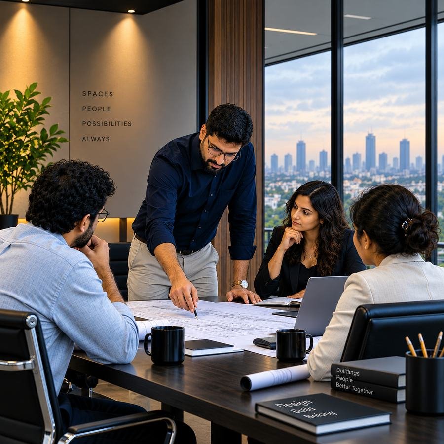 Project management consultant reviewing plans in a meeting room