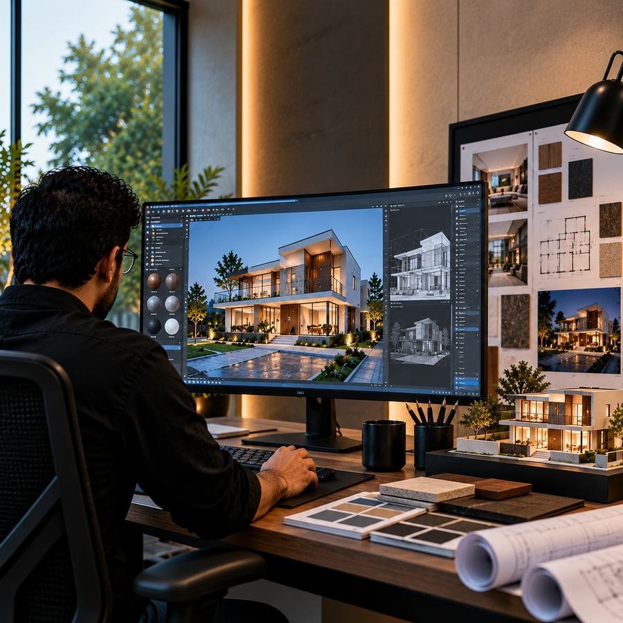 3D visualisation of a residential elevation on a design workstation