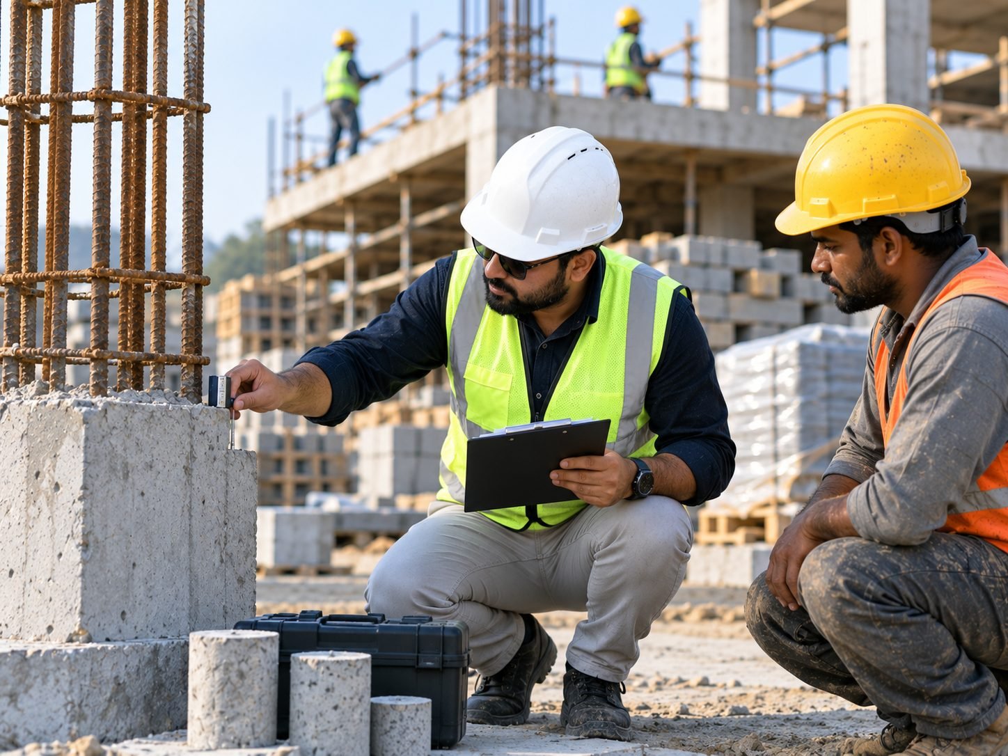 Site engineer performing a quality check on cast concrete columns