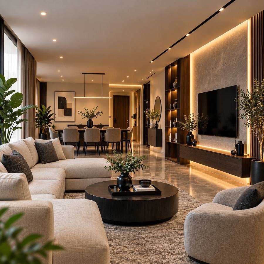 Furnished living room interior with warm lighting