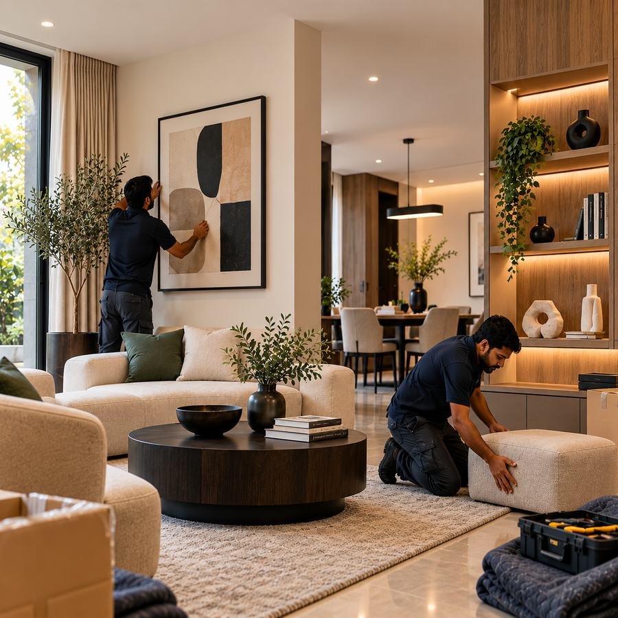 Furnishing team placing furniture and artwork in a living room