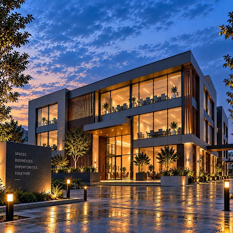 Turnkey commercial office building, evening exterior