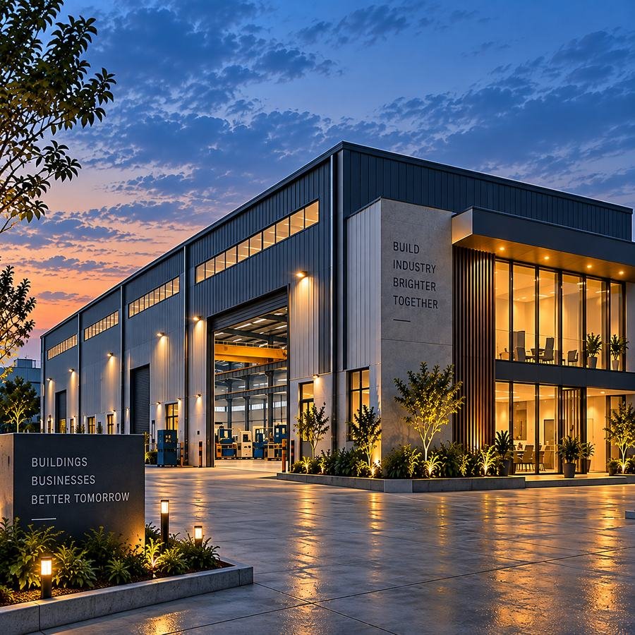 Turnkey industrial PEB warehouse facility, evening exterior